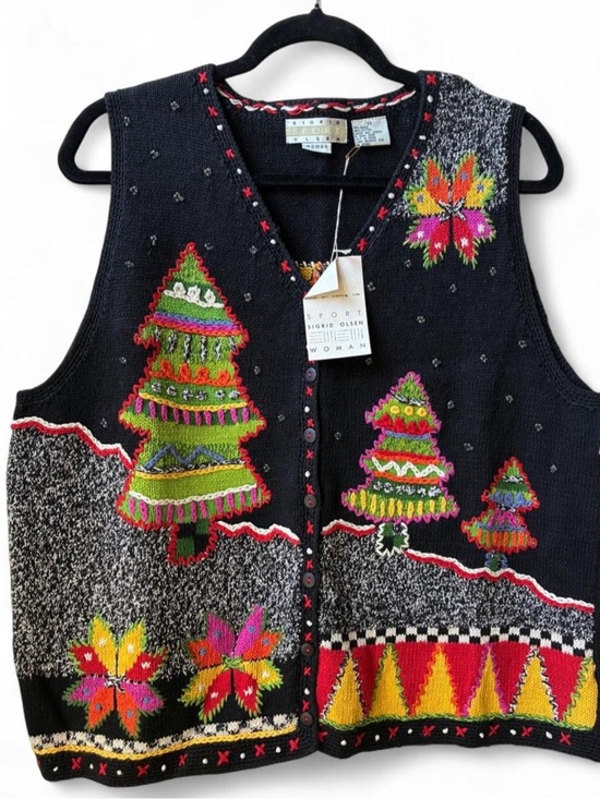 Sigrid Olsen Sweaters - Deadstock vintage NWT Sigrid Olsen Sport Christmas Tree holiday sweater Vest 1x